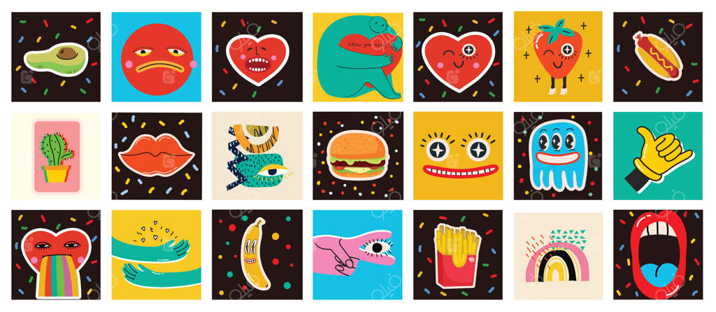 مجموعه بزرگی از طرح‌های وکتور رنگارنگ برای پوسترها در طراحی فلت کارتونی - اشکال دست‌کشیده انتزاعی، چهره‌ها با بافت‌های متفاوت و شخصیت‌های خنده‌دار کمیک