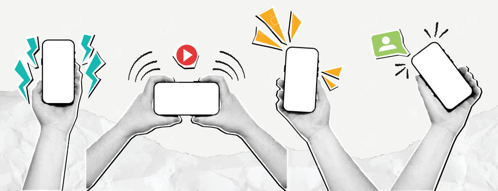 ماکت دست هافتون با گوشی هوشمند. ترکیب رسانه‌های مختلف: صفحه نمایش موبایل و دستان کاغذی با دستگاه‌ها.