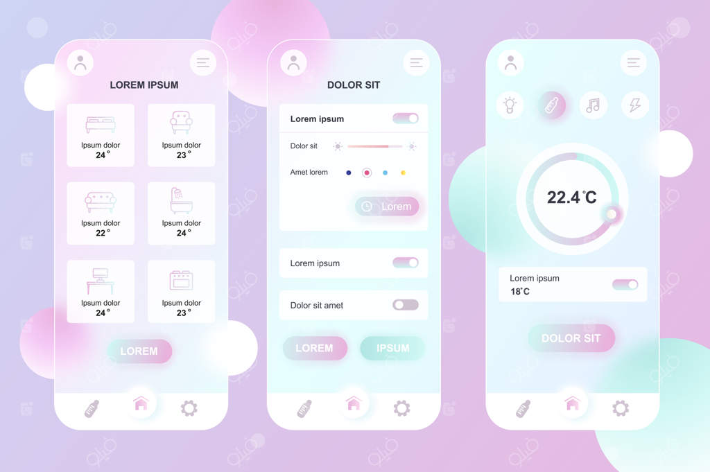 طراحی شیشه‌ای خانه هوشمند با عناصر نیومورفیک برای مجموعه صفحات رابط کاربری گوشی موبایل