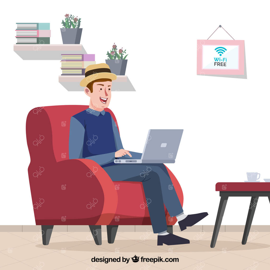 محیط کاری مردی که با لپ‌تاپ خود راحت کار می‌کند