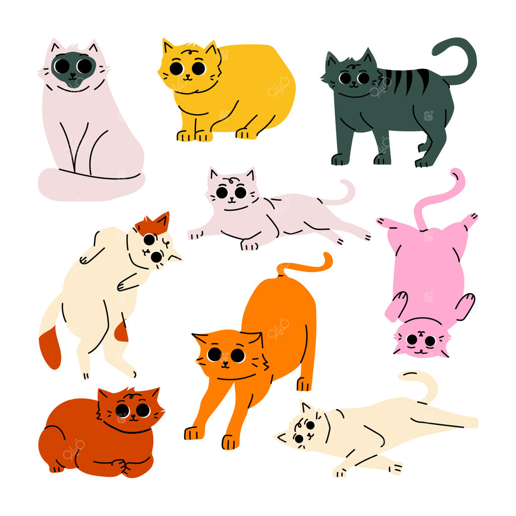 مجموعه تصویرسازی کارتونی و دست‌کشیده گربه در ژست‌های مختلف