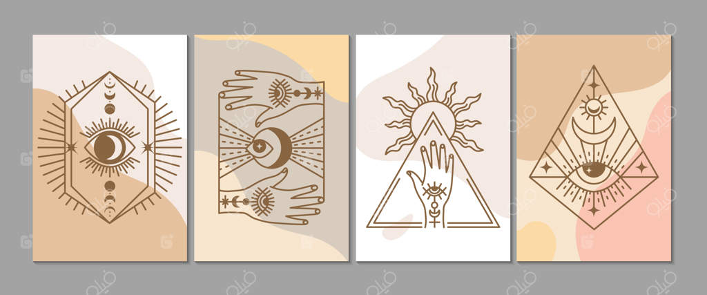 مجموعه پوسترهای وکتوری: کارت‌های شیک و اسرارآمیز با عناصر خطی عرفانی و طرح‌های هنر مدرن، فرم‌های مایع انتزاعی و نشانه‌های جادویی