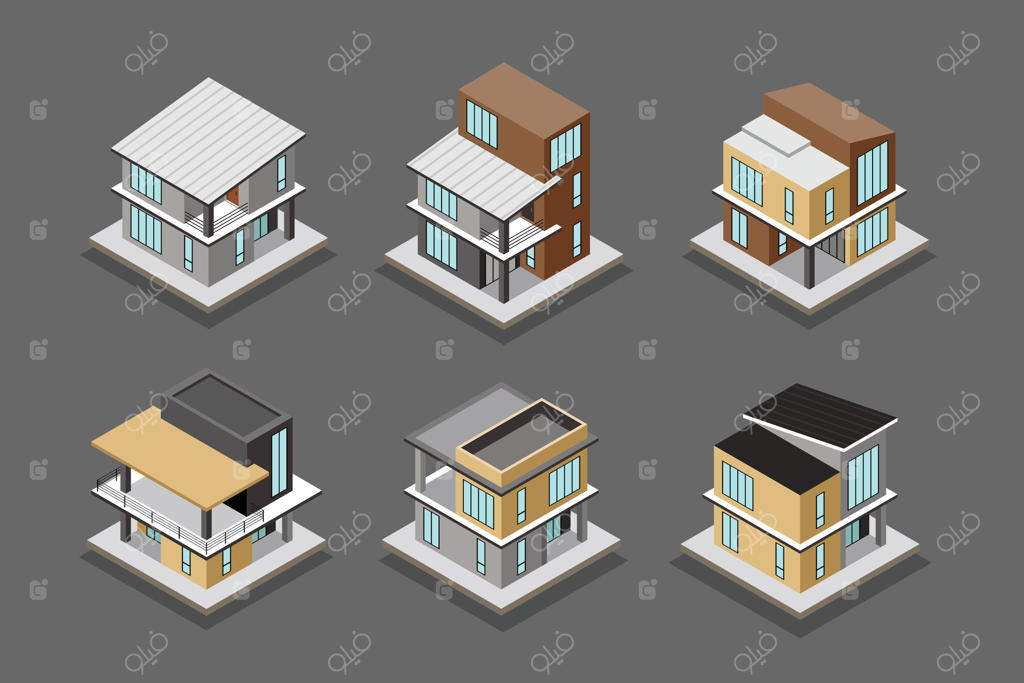 وکتور حرفه‌ای طراحی‌های مدرن خانه با نمای ایزومتریک