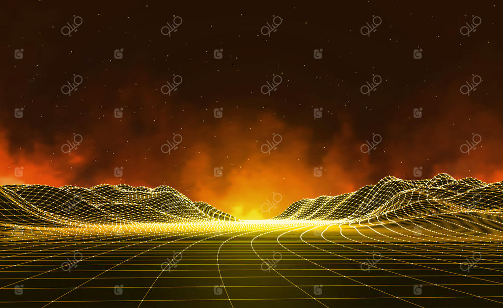 چشم‌انداز دیجیتال انتزاعی با ستارگان در افق، پس‌زمینه منظره وایرفریم، کلان‌داده، پس‌زمینه علمی-تخیلی رترو دهه ۸۰