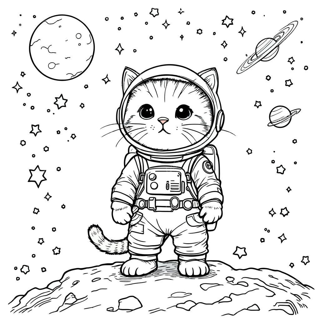 بچه گربه فضانورد دوست‌داشتنی در حال کاوش سطح ماه در میان ستارگان و سیارات - یک صفحه رنگ‌آمیزی هنری از ماجراجویی شاداب فضایی
