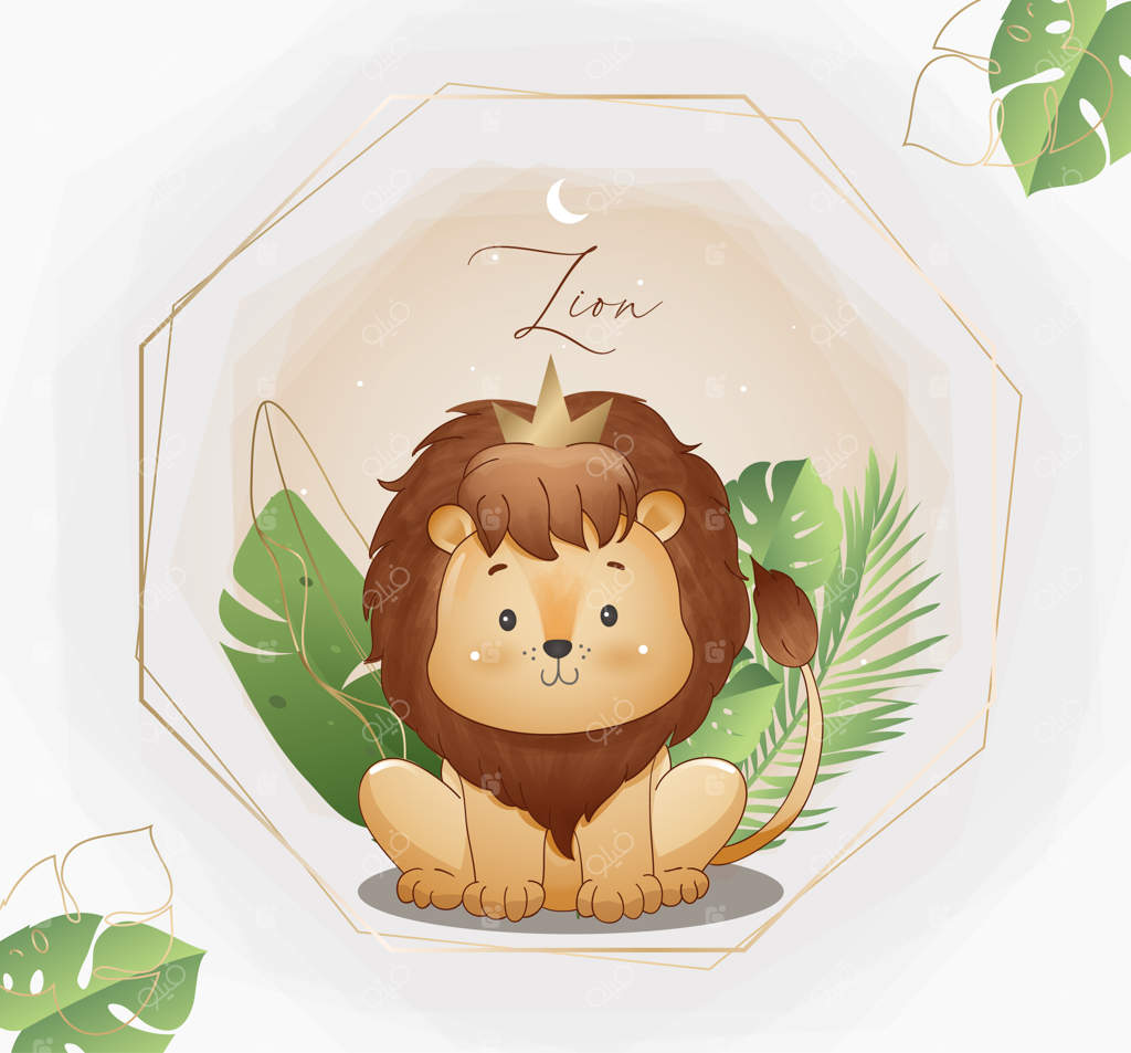 تصویر برداری شیر بامزه با برگ‌ها و ماه