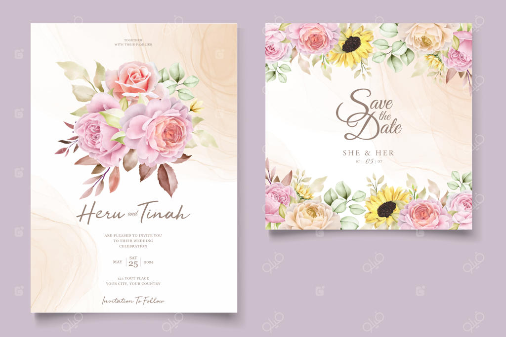 کارت دعوت گل‌های آبرنگی تابستانی با طراحی ظریف و شیک