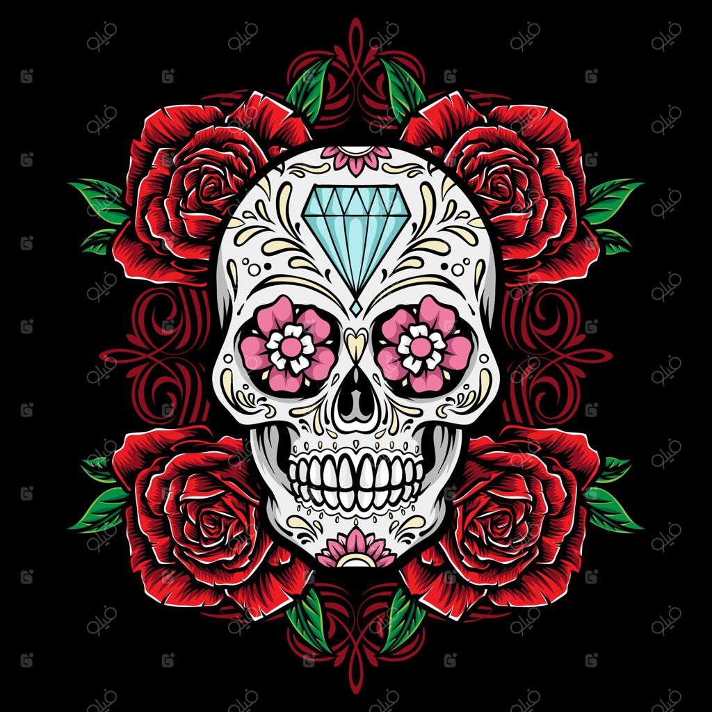 طرح جمجمه قندی با قابی از گل‌های رز