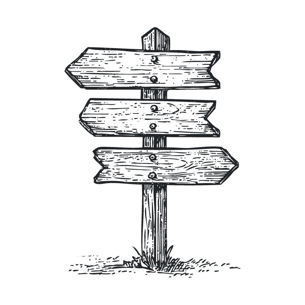 تابلو راهنمای چوبی با فلش‌هایی به سمت مسیرهای مختلف