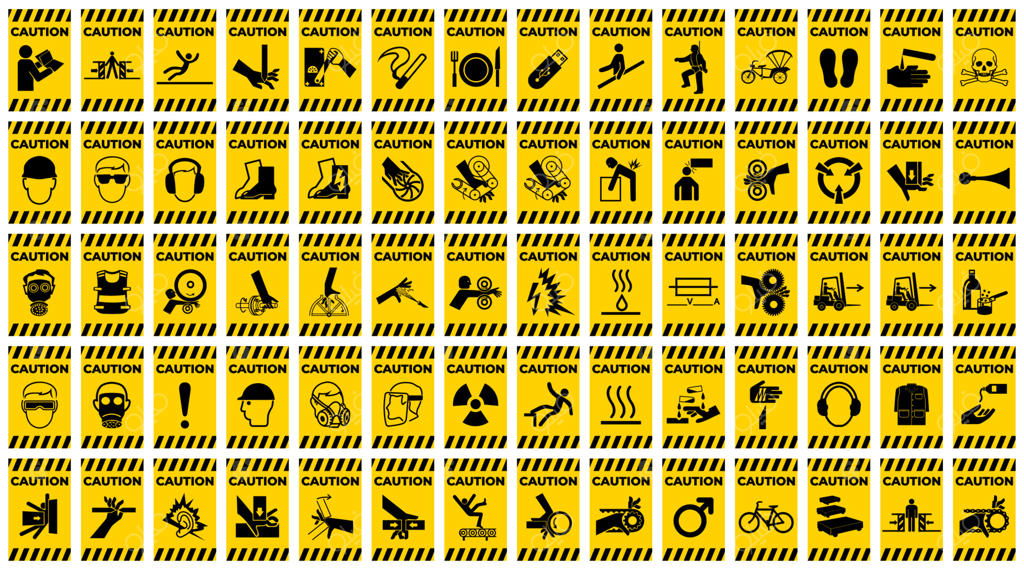مجموعه علائم و نمادهای هشدار و ممنوعیت در پس‌زمینه سفید