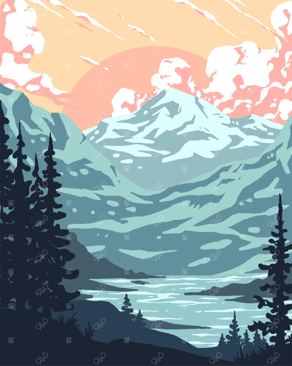 تصویرسازی وکتوری از کوه‌های سنگی در غروب