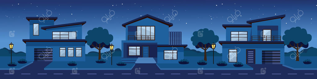 وکتور حرفه‌ای تصویرسازی خانه‌های مدرن در شب پرستاره