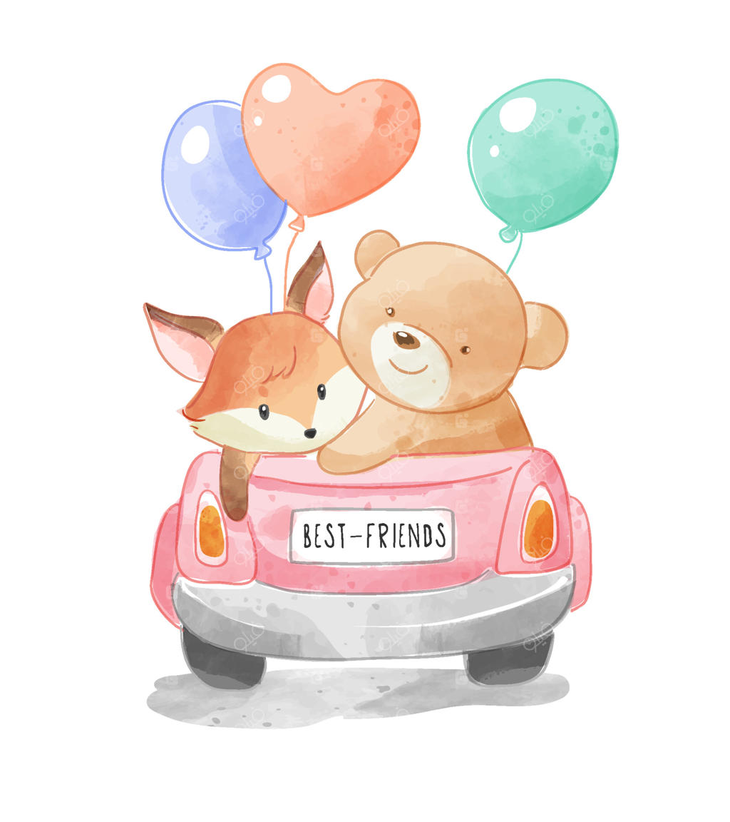 حیوانات بامزه و دوست‌داشتنی سوار بر ماشین کروک با بادکنک‌های رنگارنگ