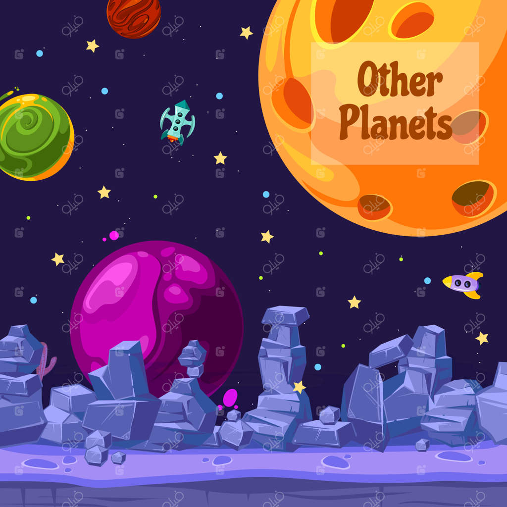 تصویرسازی زمینه کارتونی از سیارات و سفینه‌های فضایی