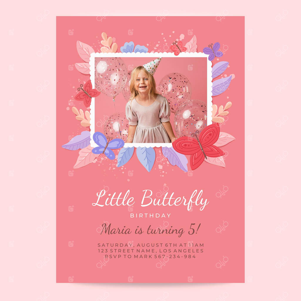 پترن دعوت‌نامه تولد با عکس و پروانه‌های نقاشی شده دستی
