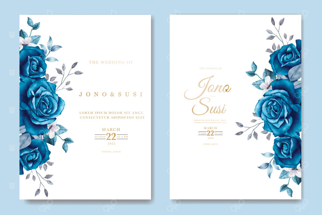 کارت دعوت عروسی به رنگ آبی نفتی با طراحی آبرنگی