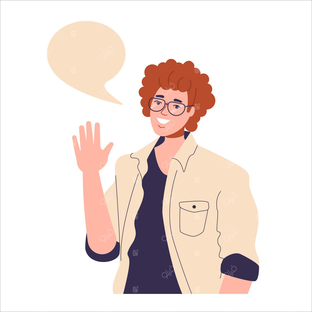 پسر جوان مو قرمزی لبخند می‌زند و ابر گفتاری نشان می‌دهد. فضای خالی در کنار مردی با کت و عینک