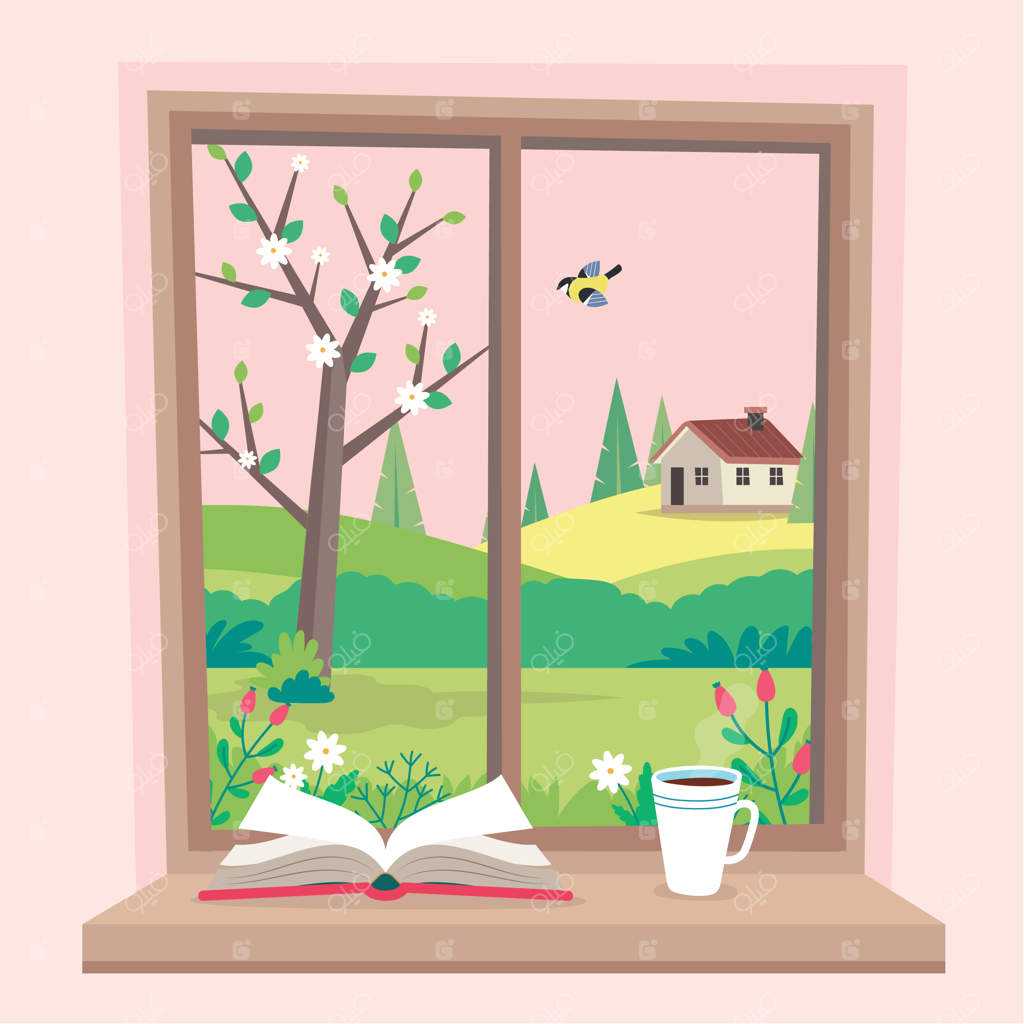 پنجره‌ای بهاری با منظره‌ای زیبا، کتابی و فنجان قهوه روی لبه.
