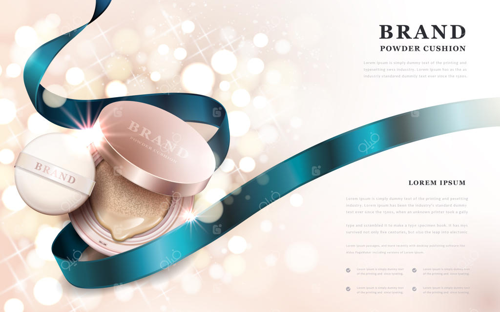 تبلیغات پودر کوشن: محصول صورتی طلایی با روبان آبی جدا شده
