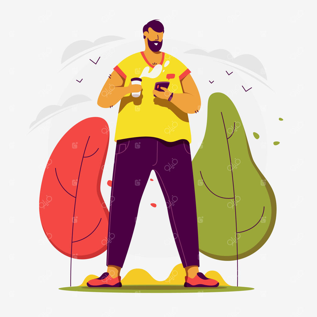 تصویرسازی وب: امروز می‌خوام روز خوبی داشته باشم؛ مردی که قهوه می‌نوشد و گپ می‌زند.