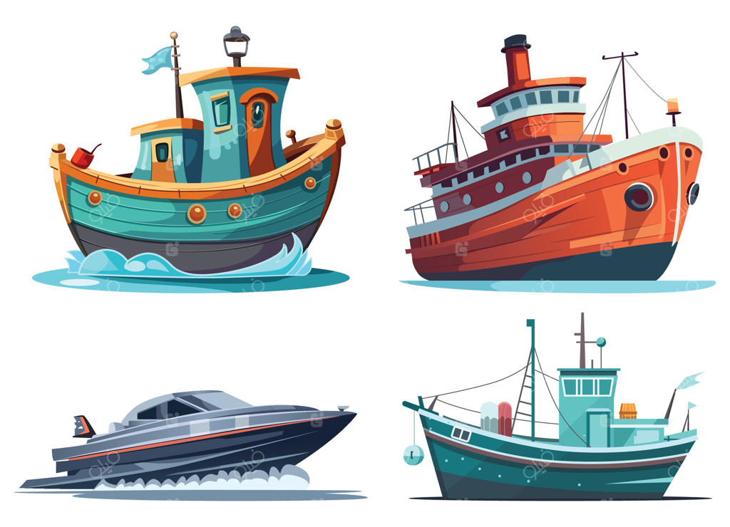 مجموعه نمای جانبی قایق‌های ماهیگیری؛ تصویرسازی سبک تخت کشتی‌های ترال تجاری برای صید صنعتی، کشتی‌های دریایی کلاسیک و حمل‌ونقل اقیانوسی