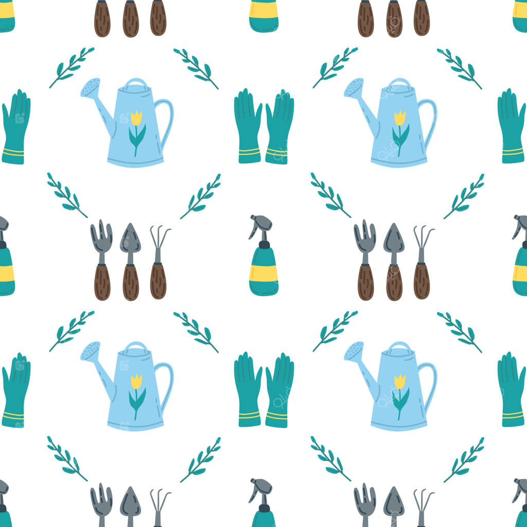 پترن یکپارچه بهاری باغ: آب‌پاش، دستکش و ابزار باغبانی. تصویرسازی وکتور ساده
