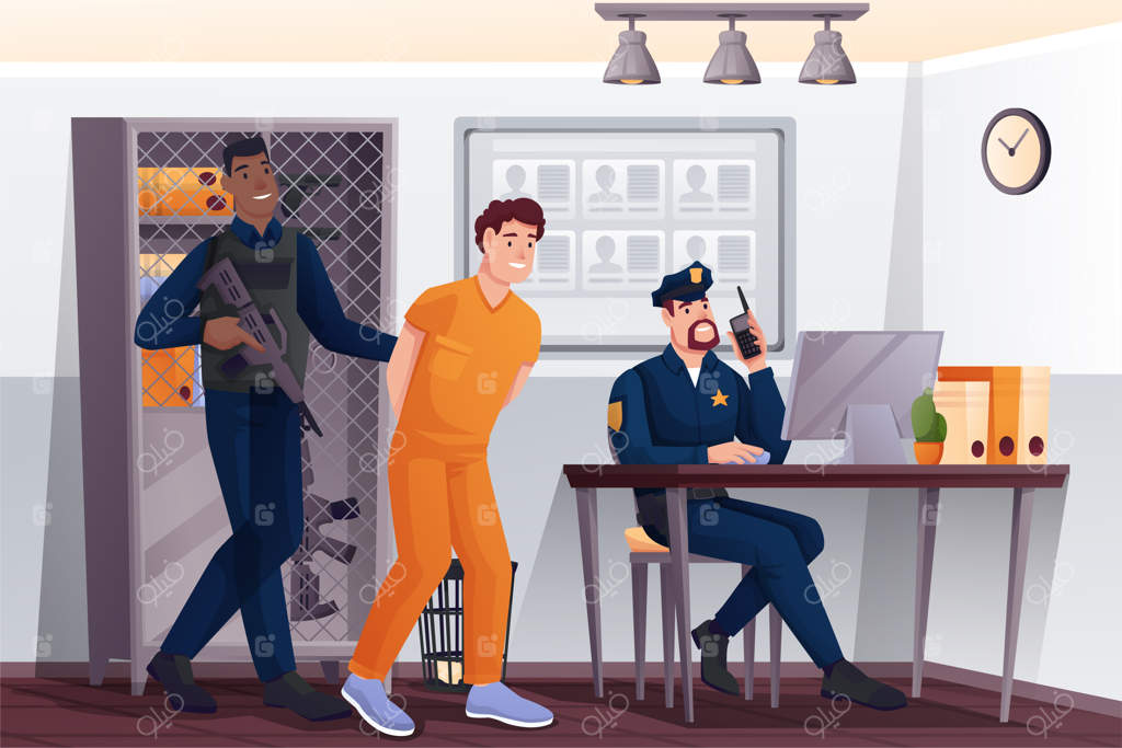 صحنه‌ای در کلانتری: پلیس و زندانی در اداره امنیت دفتر نگهبان مسلح و مظنون نشسته پشت میز کامپیوتر و تلفن در حال کار