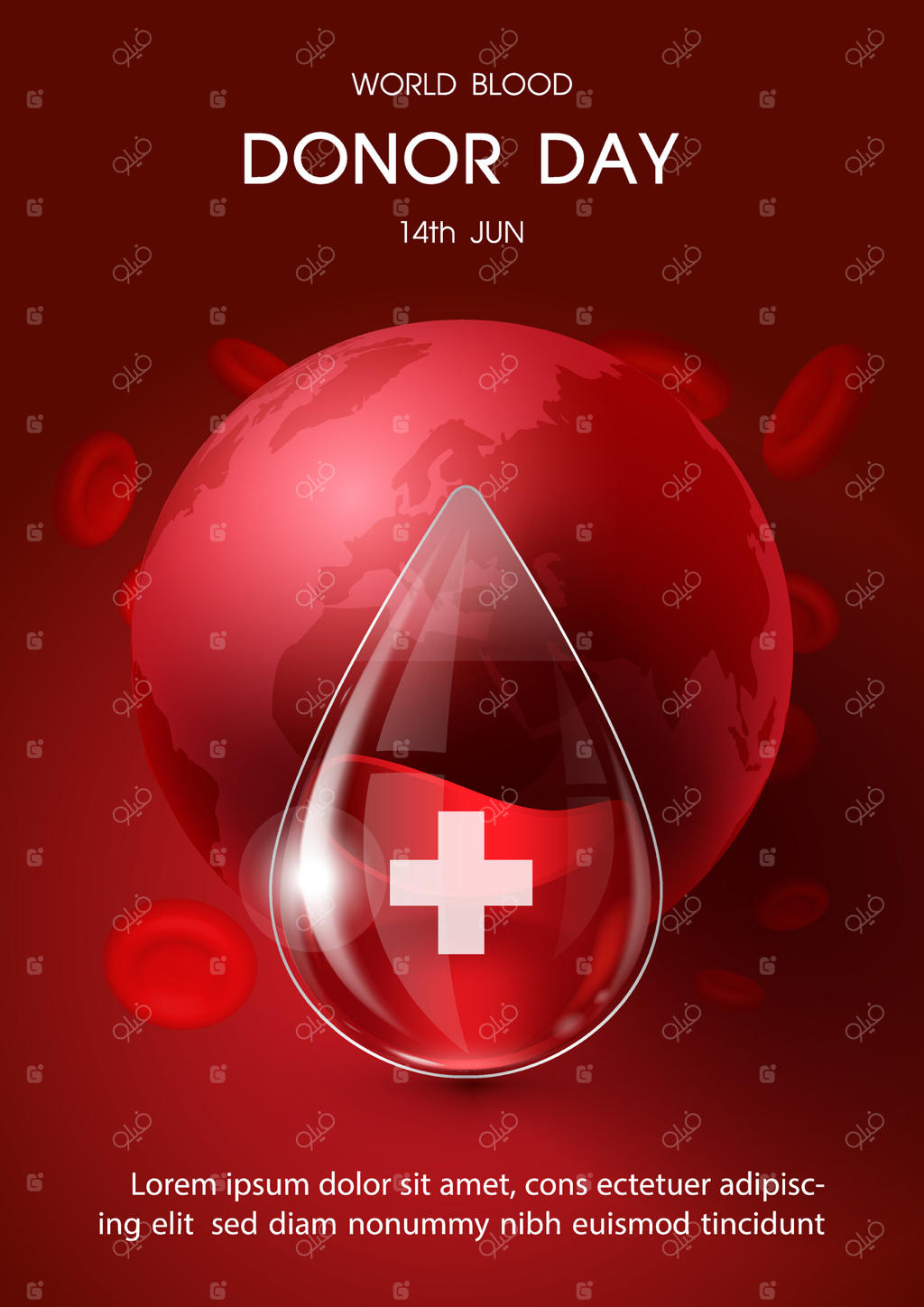 کمپین پوستر تصویرسازی روز جهانی اهداکنندگان خون با قطره خون در سبک شیشه‌ای و متن‌های نمونه روی زمینه‌ی سلول‌های قرمز خون و جهانی.