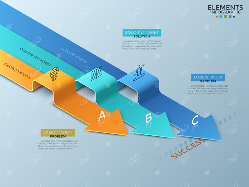 سه پیکان نوار منحنی یا خمیده با آیکون‌های خطی نازک، حروف و محلی برای متن. مفهوم سه مسیر به سوی موفقیت. طرح اینفوگرافیک مدرن. تصویر برداری برای ارائه، بروشور.