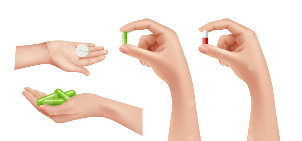 داروهای مسکن در دست. قرص‌ها یا کپسول‌های دارویی در دست. عناصر تصویری داروخانه. تصویرسازی دست‌ها با قرص‌ها