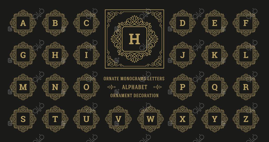 حروف الفبای قدیمی با تزئینات و قاب دکوری