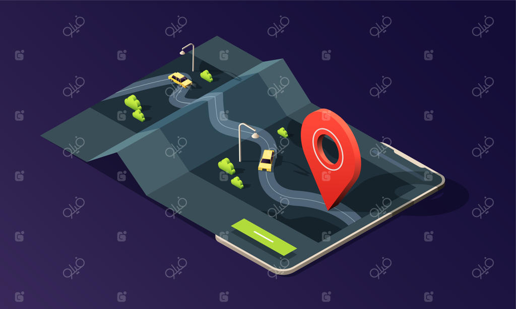 گوشی ایزومتریک با برنامه نقشه، جاده، ترافیک، تاکسی‌ها و پین مکان روی پس‌زمینه تیره.