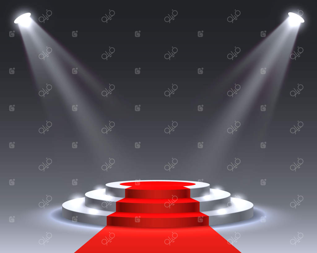 سکوی صحنه همراه با نورپردازی برای مراسم اهدای جوایز در پس‌زمینه خاکستری