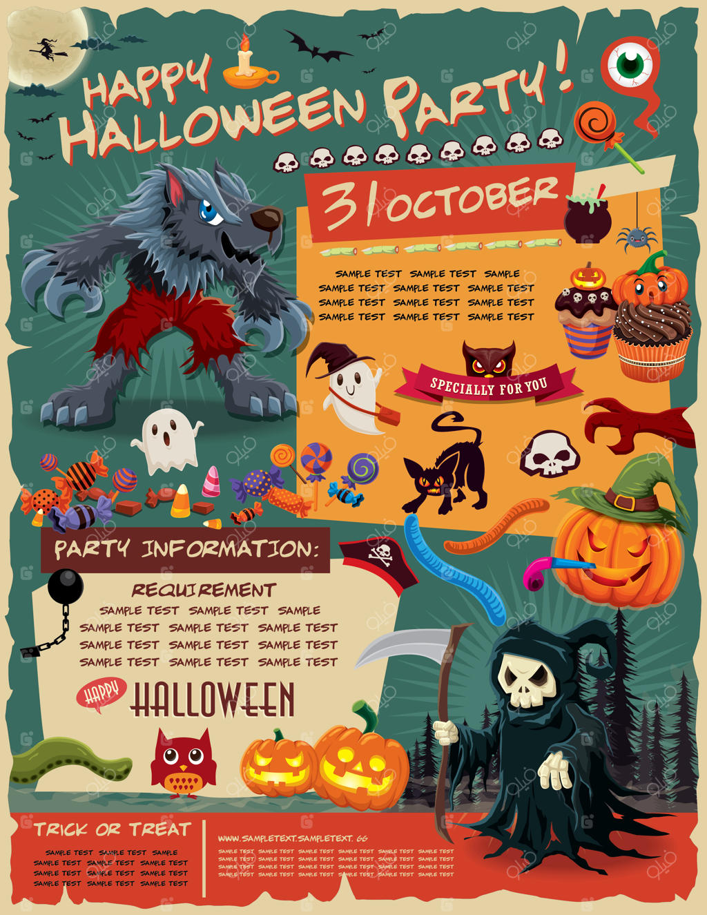 طراحی پوستر کلاسیک هالووین با شخصیت‌های وکتوری: روح، جادوگر، گرگینه، فرشته مرگ و شیطان.