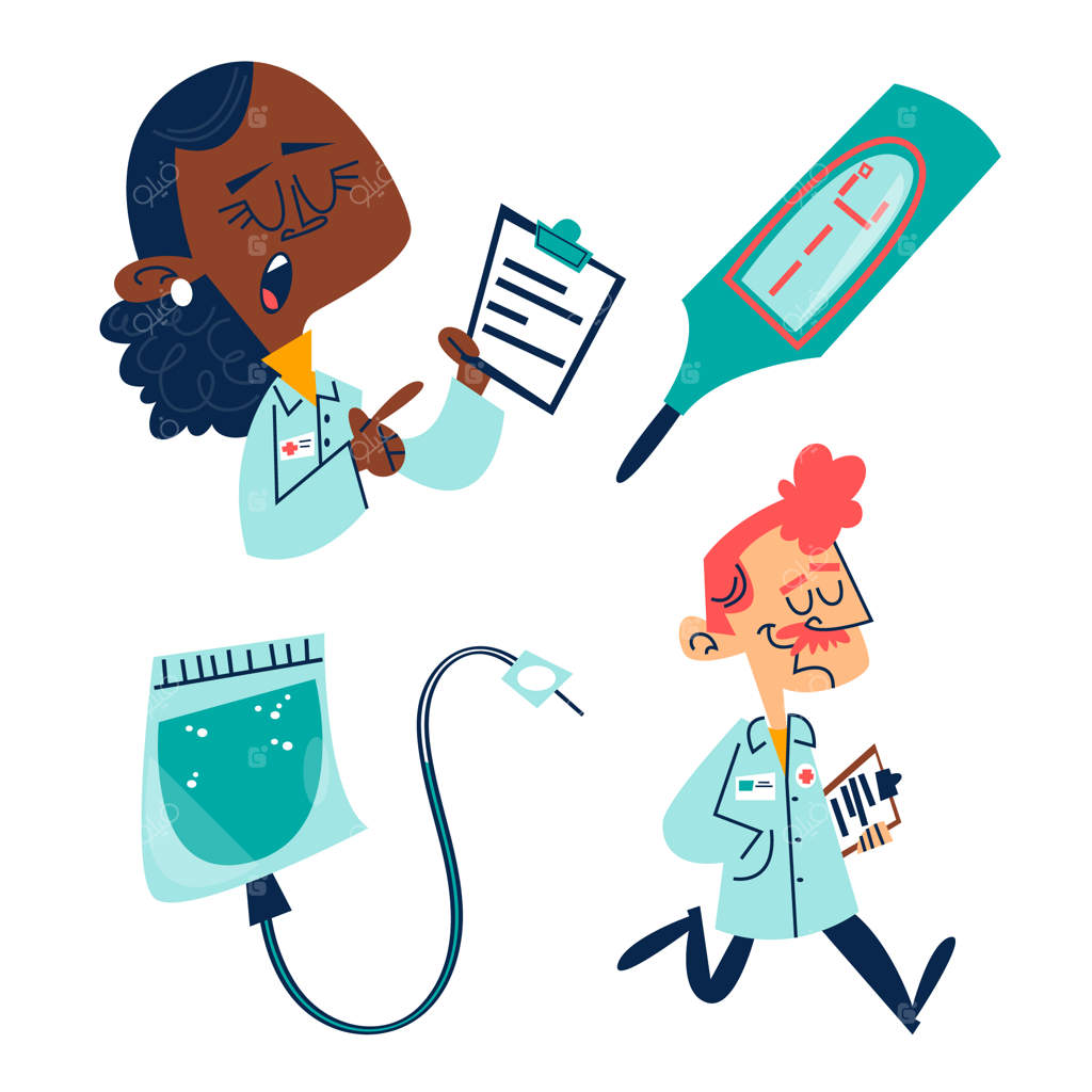 مجموعه برچسب‌های کارتونی نوستالژی از پزشکان و تجهیزات پزشکی