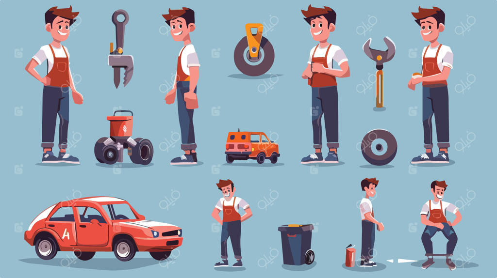 تصویرسازی کاراکتر مکانیک حرفه‌ای برای انیمیشن خدمات تعمیر خودرو