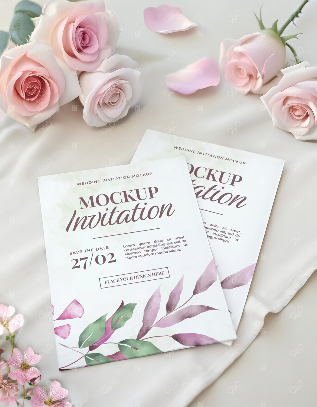 موکاپ کارت دعوت عروسی عاشقانه با گل‌های صورتی