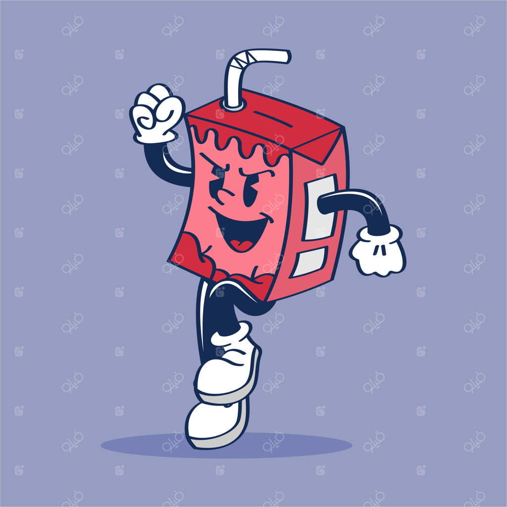 طرح کارتونی یک جعبه قرمز با چهره و چشمانی که روی آن نوشته شده "آبمیوه"