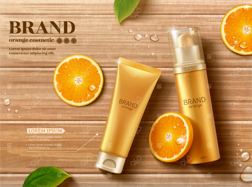 ست لوازم آرایش با رایحه مرکبات بر روی میز چوبی با قطرات آب، تبلیغات مراقبت از پوست در طراحی سه‌بعدی