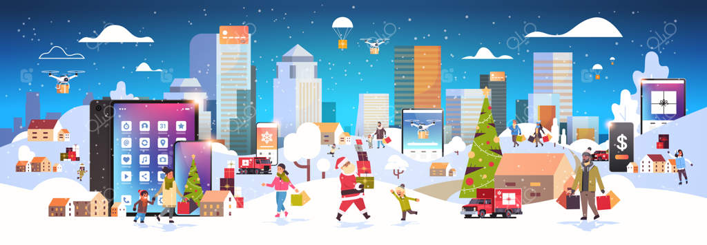 شخصیت‌های انیمیشنی با کیسه‌های خرید در فضای باز از اپ موبایل آنلاین استفاده می‌کنند و برای تعطیلات کریسمس و شب سال نو آماده می‌شوند: بنر چشم‌انداز زمستانی شهر