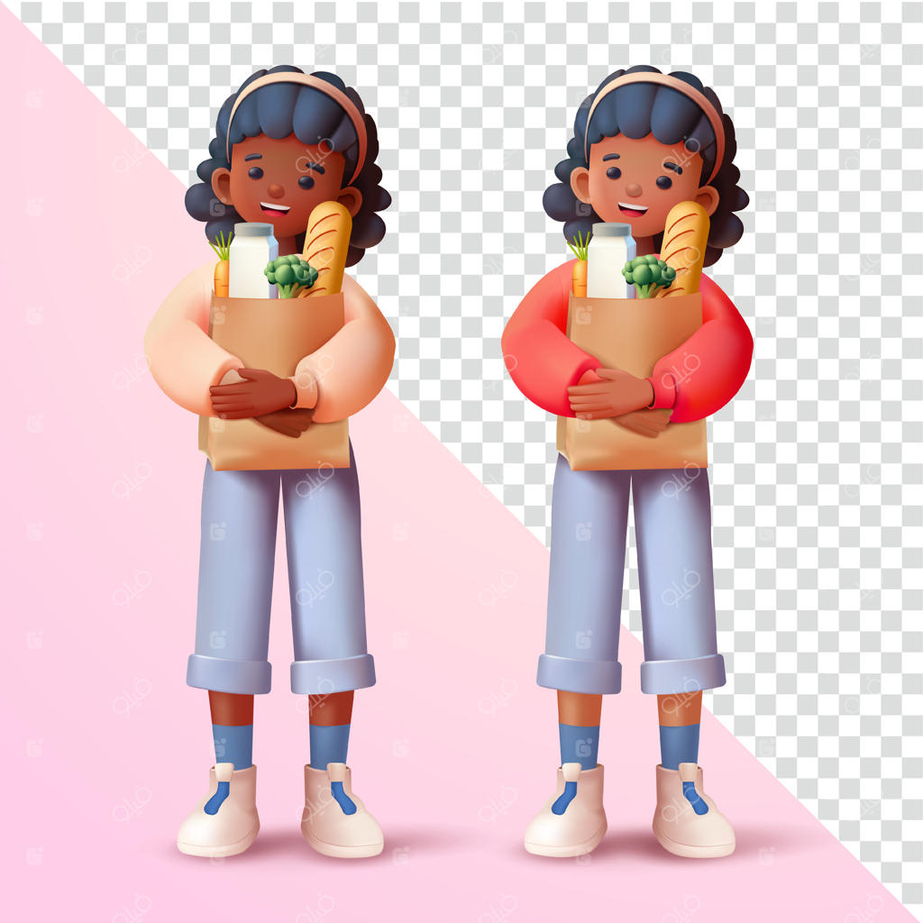 زنی با کیسه خرید کاغذی پر از مواد غذایی. مناسب برای تبلیغات و عناصر طراحی 3D