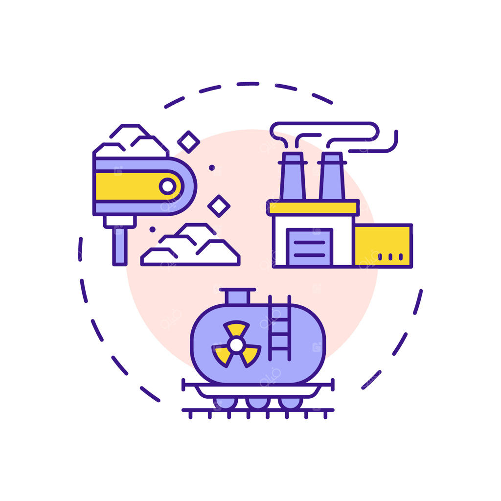 نماد مفهومی فرآیند آسیاب اورانیوم با رنگ‌های مختلف: خرد کردن، آسیاب و پردازش با مواد شیمیایی. چرخه سوخت هسته‌ای. طراحی گرافیکی به شکل دایره‌ای. ایده‌ای مفهومی و دقیق برای استفاده در مقاله‌ها.