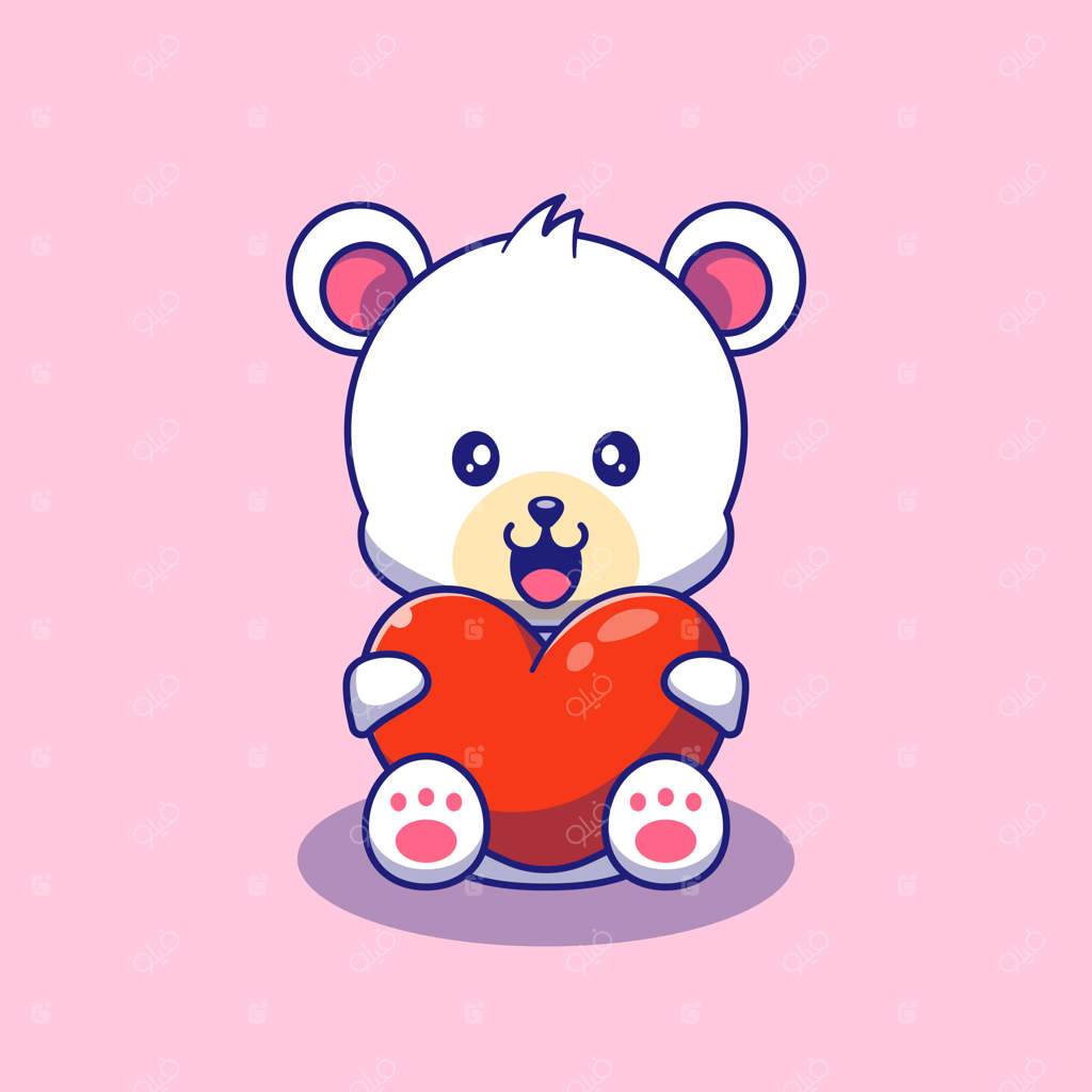 تصویر خرس قطبی بامزه در حال نگه‌داشتن قلب. شخصیت کارتونی نماد حیوانات خرس قطبی.