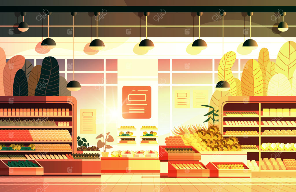 سوپرمارکت مواد غذایی با قفسه‌های محصولات: مفهوم مصرف‌گرایی مدرن در طراحی داخلی فروشگاه