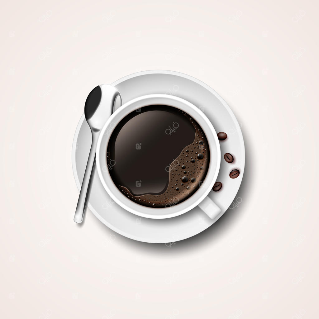 فنجان قهوه واقع‌گرایانه روی نعلبکی با دانه‌های قهوه و یک قاشق.