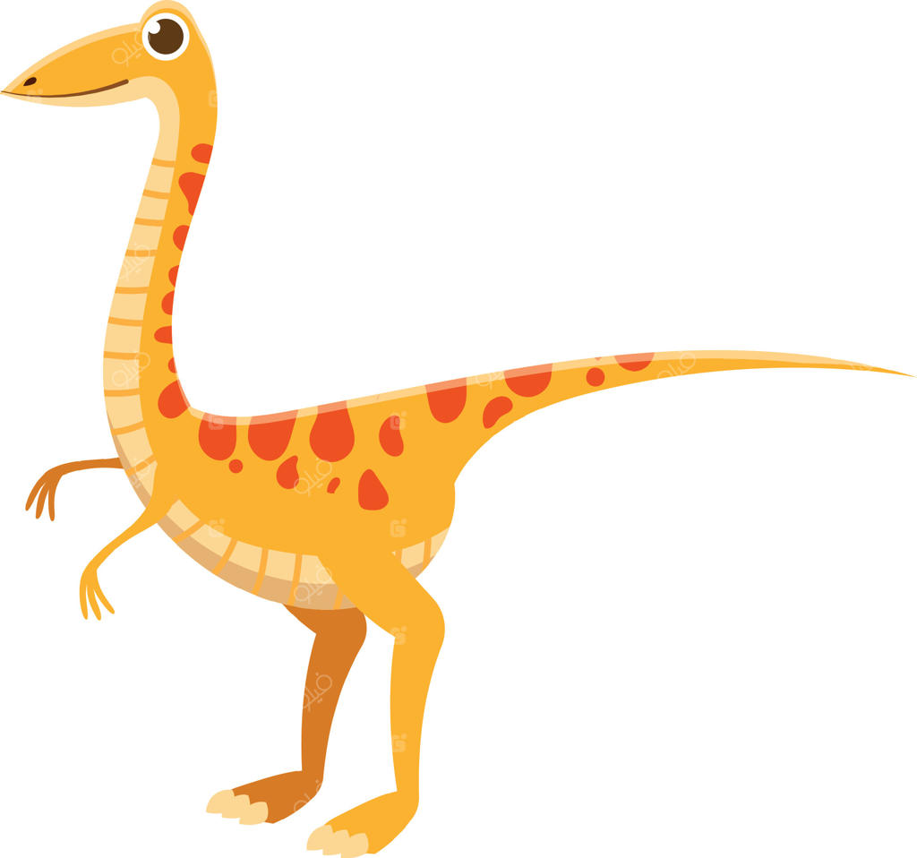 دایناسور براکیوسوروس شاد در سبک کارتونی، با شادی روی دو پا ایستاده در پس‌زمینه سفید