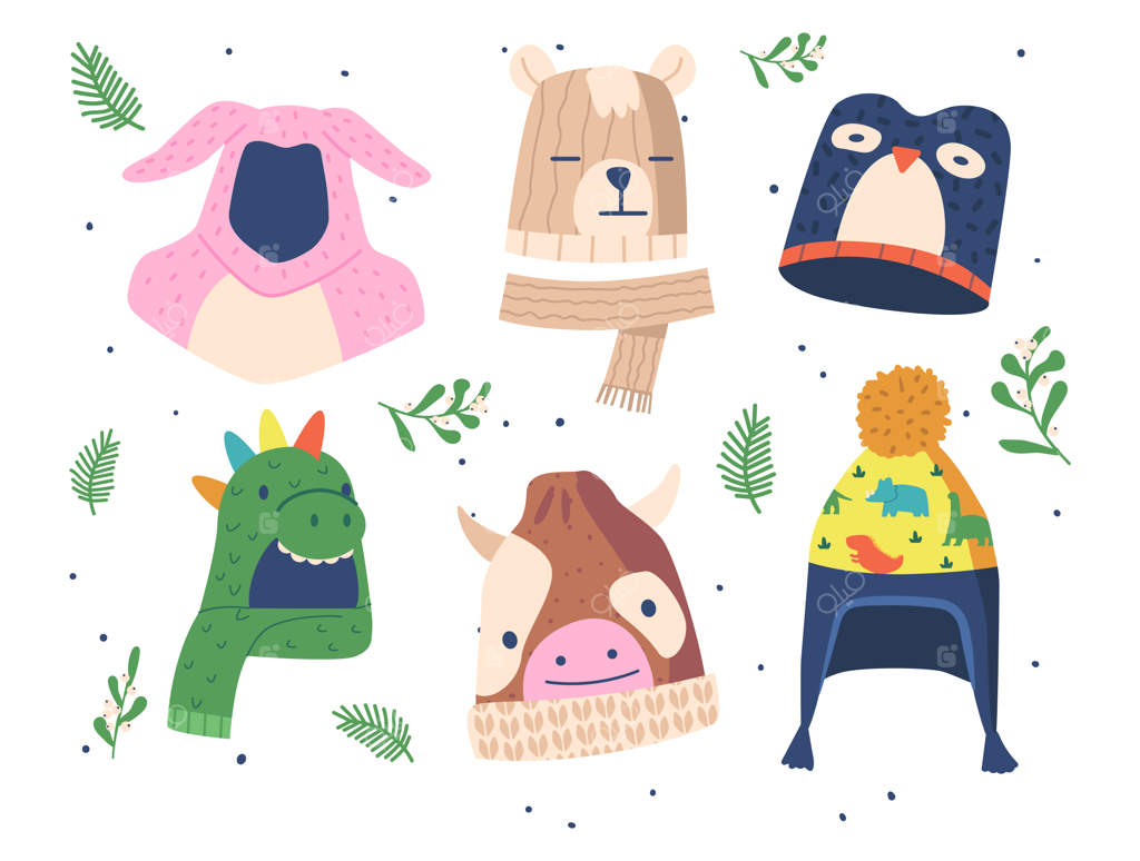 مجموعه‌ای از کلاه‌های زمستانی برای کودکان: طرح‌های خرگوش، دایناسور، پنگوئن و خرس با کلاه‌های گاوی برای فصل سرما. کلاه‌های بافتنی