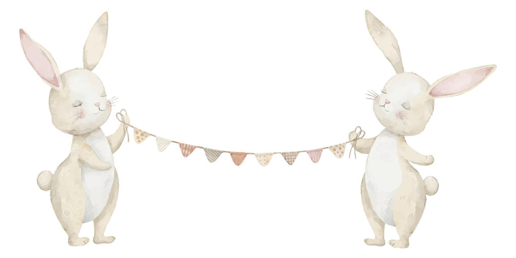 تصویرسازی آبرنگی از دو خرگوش دوست‌داشتنی که یک ریسه بژ روشن در دست دارند، مناسب کارت‌های تولد کودکانه یا دعوت‌نامه‌های جشن سیسمونی. طراحی حیوانات بامزه برای جشن‌ها.