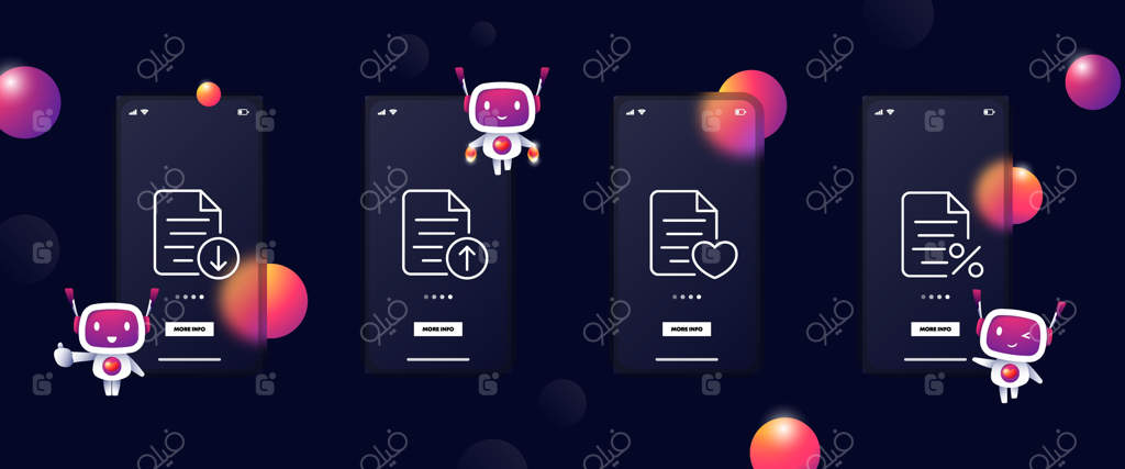 دکمه‌های سایت برای مدیریت فایل: دانلود، آپلود، مهم، درصد، قلب، گزارش حسابداری. مفهوم کسب‌وکار با آیکون خطی در رابط کاربری گلس‌مورفیسم برای اپلیکیشن‌های موبایل. تبلیغات.