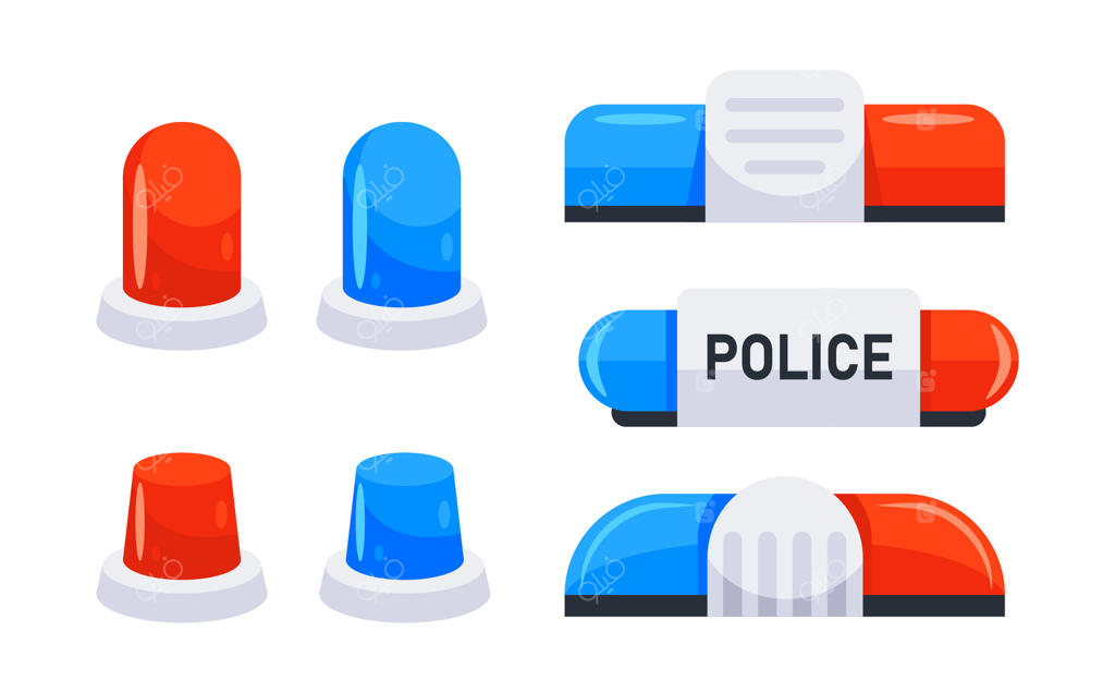 چراغ‌ گردان ماشین پلیس، آژیر و نورهای قرمز و آبی چراغ چشمک‌زن.